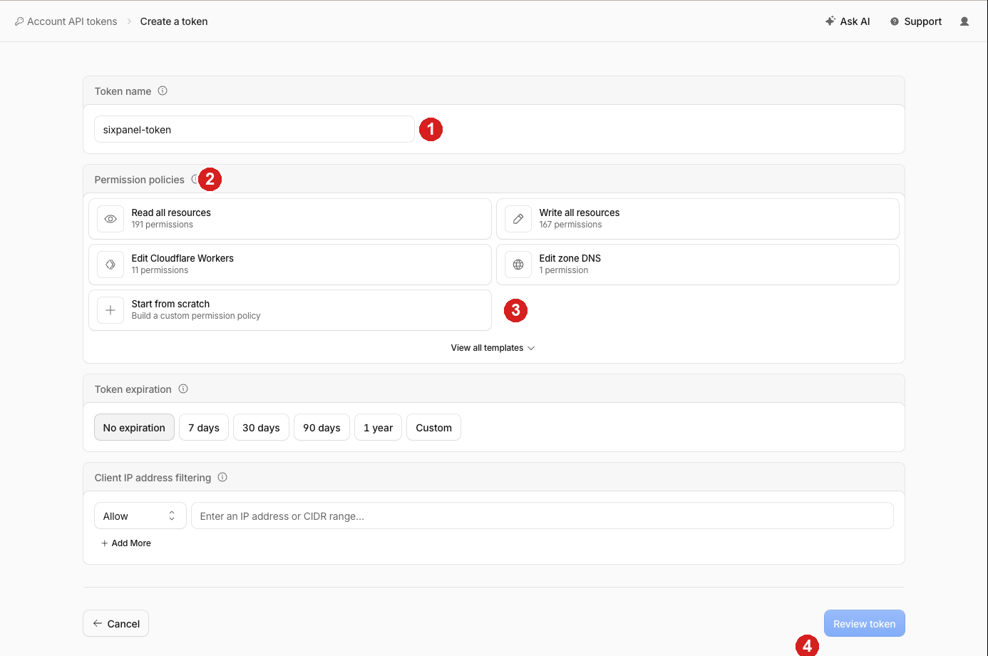 The Create a token screen: the token name field, the permission policies section, the templates link, and the Review token button