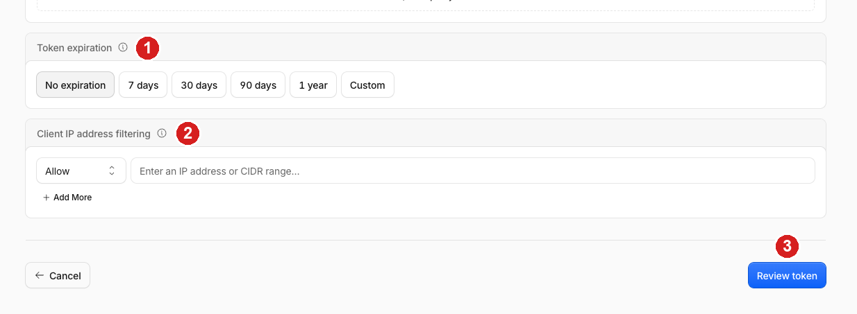 Token expiration set to No expiration, the empty Client IP address filtering box, and the Review token button